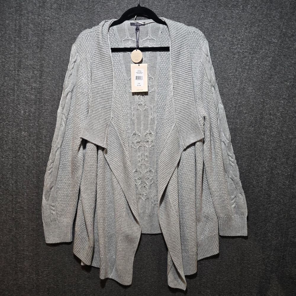 NYDJ Women's Gray Rib Knit Open Shawl Front Draped Cardigan Sz L / XL NWT
